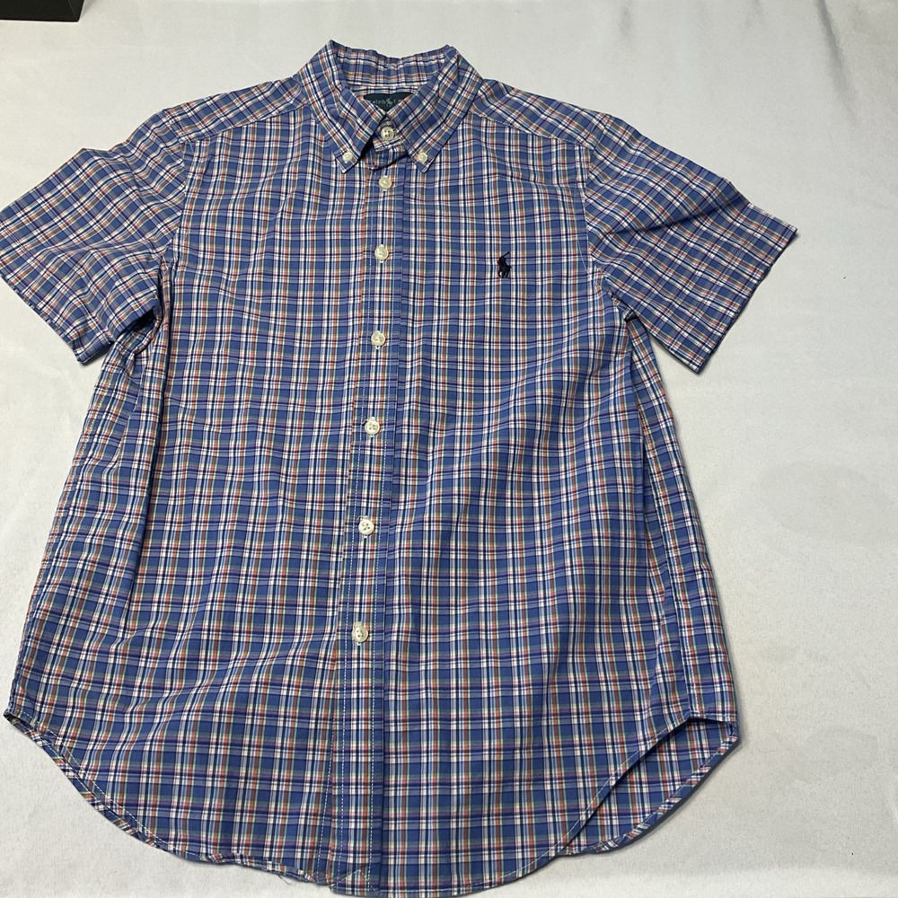 Ralph‎ Lauren Button Down Shirt Boys Medium 10-12 Blue Plaid Pony Short Sleeve